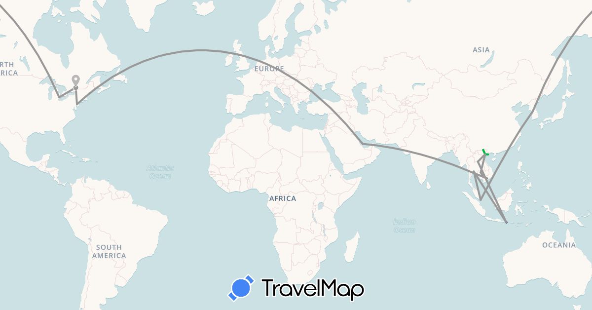 TravelMap itinerary: driving, bus, plane in Canada, Indonesia, Cambodia, South Korea, Laos, Qatar, Singapore, Thailand, United States, Vietnam (Asia, North America)